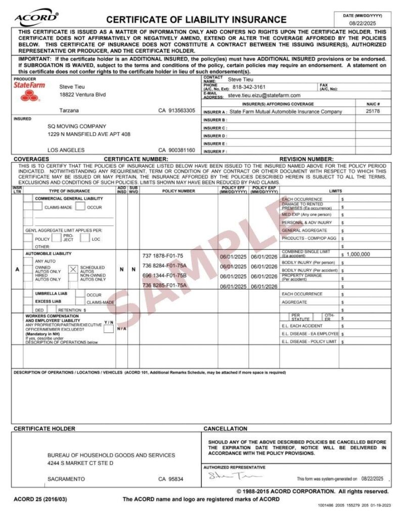 Certificate of Insurance for Moving: What You Need to Know 5 State Farm sample Certificate of Insurance for moving with red SAMPLE watermark showing typical coverage layout.