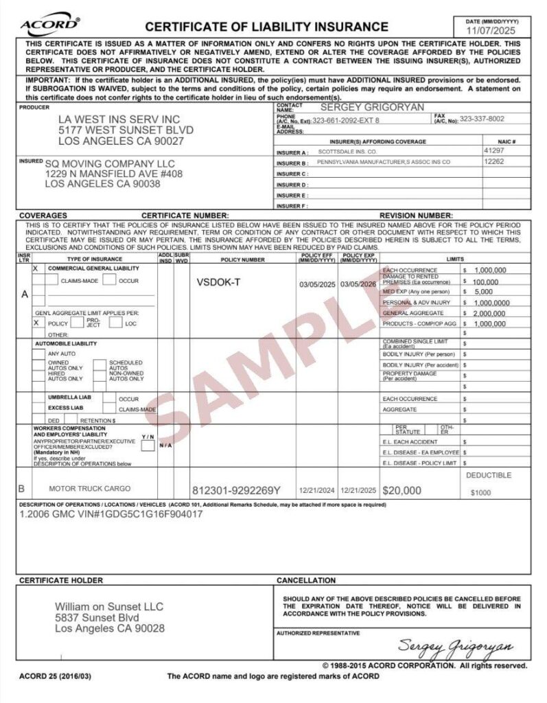 Certificate of Insurance for Moving: What You Need to Know 4 Sample Certificate of Insurance for moving from our insurance provider with red SAMPLE watermark for reference only.