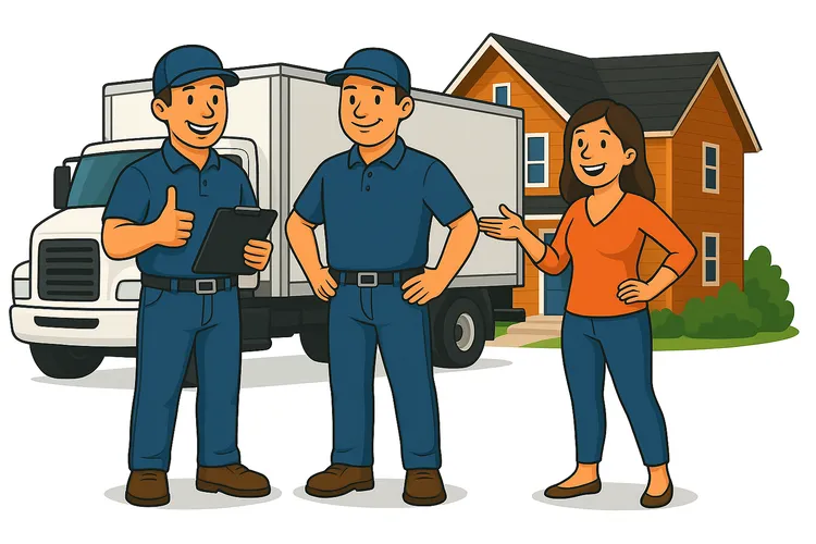 Professional Agoura Hills movers standing with a happy customer in front of a moving truck and suburban house