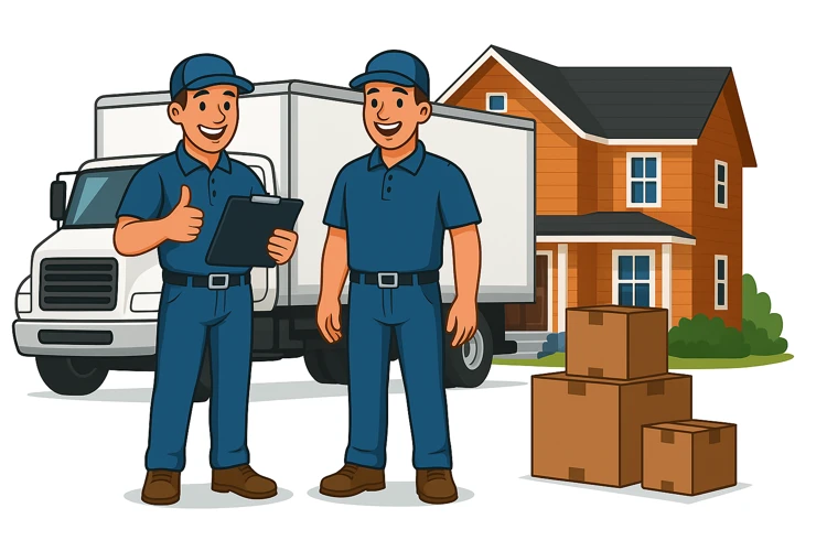 Cartoon illustration of two friendly Downtown Los Angeles movers standing by a moving truck with boxes in front of a house
